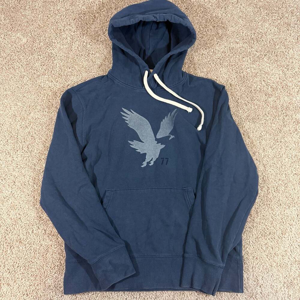 American Eagle Super Soft Hoodie Mens Medium Blue Pullover Eagle Logo Sweatshirt
